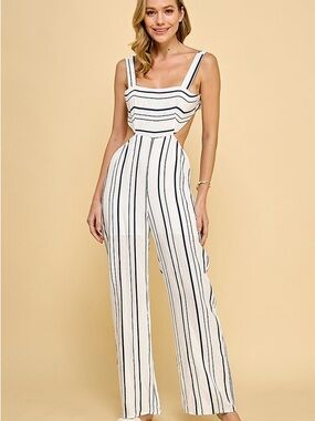 Striped Cutout Wide-Leg Jumpsuit - White/Navy